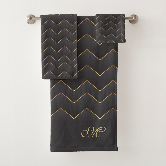 Gold Zig Zag Chevron Pattern Bath Towel Set (Insitu)