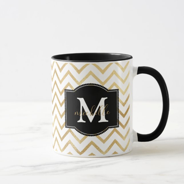 Gold Zig Zags Monogram Personalized Mug (Right)