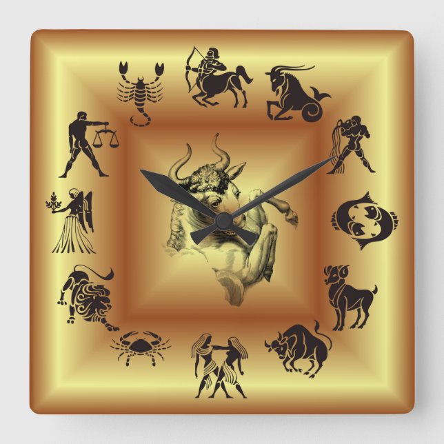 Gold  Zodiac ~ Astrological Signs ~ Taurus ~ Square Wall Clock (Front)