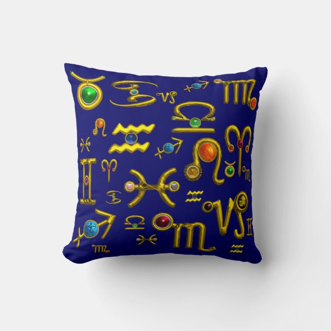 GOLD ZODIAC BIRTHDAY JEWELS,GEMSTONES,ASTROLOGY THROW PILLOW (Front)