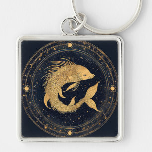 Gold Zodiac Pisces Illustration Keychain