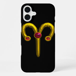 GOLD ZODIAC SIGN ARIES, Red Ruby Black iPhone 16 Plus Case