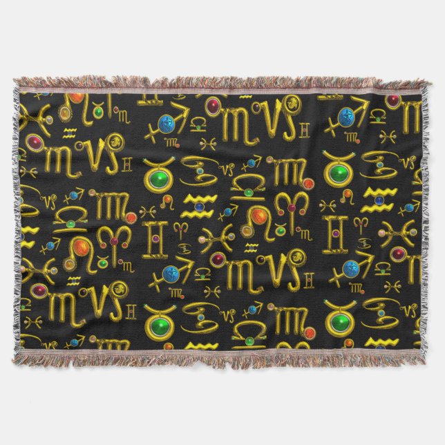 GOLD ZODIAC SIGN JEWELS,GEMSTONES,ASTROLOGY  THROW BLANKET (Front)