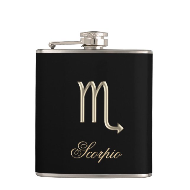 Gold Zodiac Sign Scorpio on Black Flask (Front)