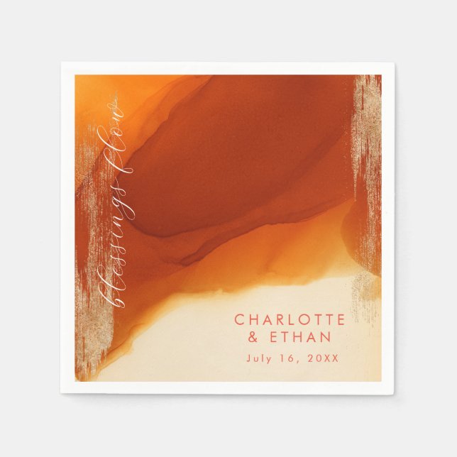 Goldbrushed Burnt Orange Modern Flowing Ink Napkin (Front)