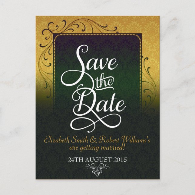 Golde Green Damask Elegance Save the Date Postcard (Front)