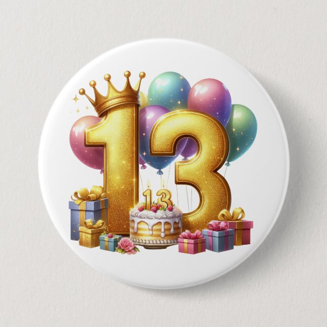 Golden 13th Birthday 3 Inch Round Button (Front)