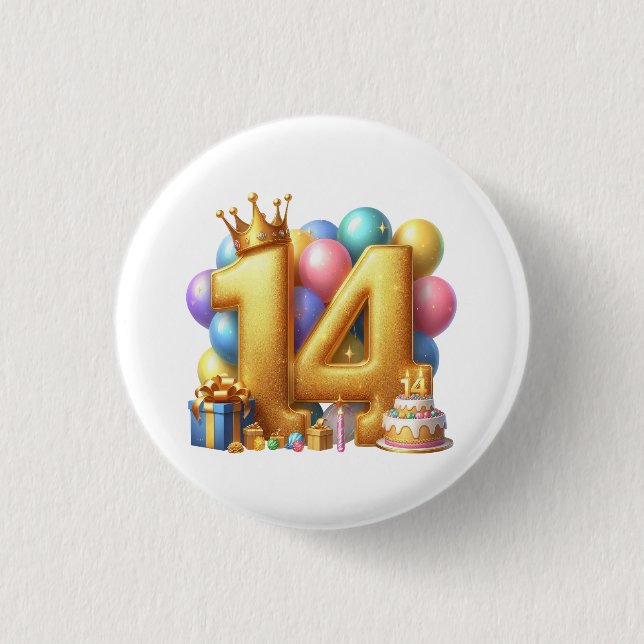 Golden 14th Birthday 1 Inch Round Button (Front)