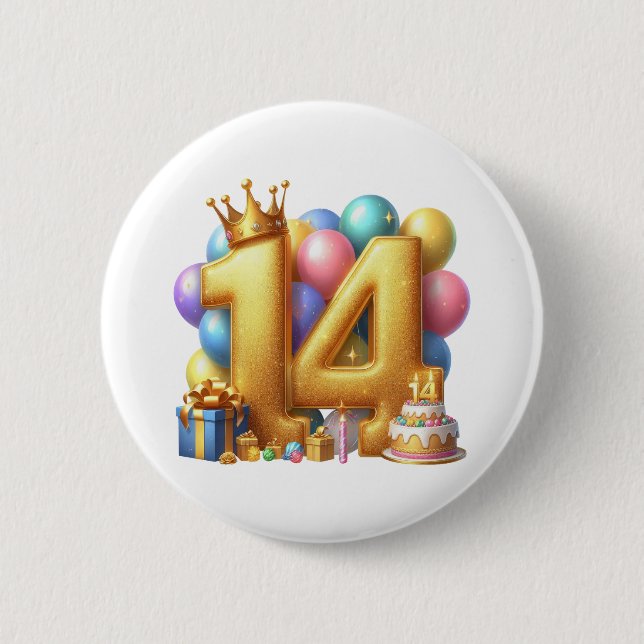 Golden 14th Birthday 2 Inch Round Button (Front)