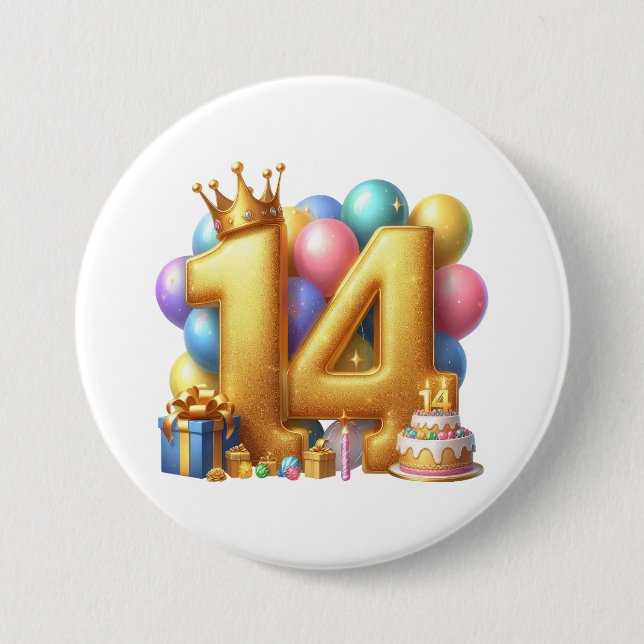Golden 14th Birthday 3 Inch Round Button (Front)