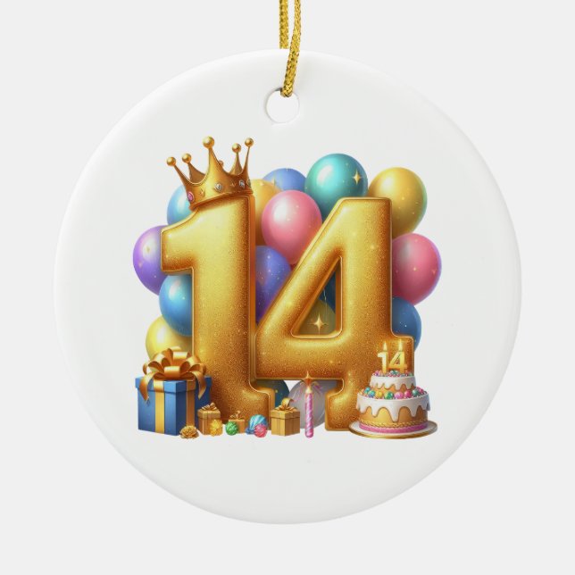Golden 14th Birthday Ceramic Ornament (Front)