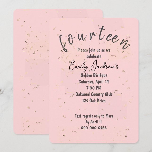 Golden 14th Birthday Golden Confetti On Blush Pink Invitation (Front/Back)