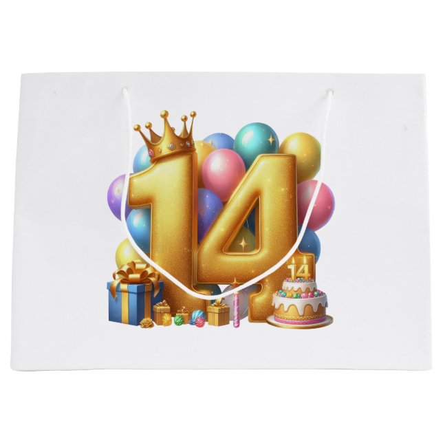 Golden 14th Birthday Large Gift Bag (Front)