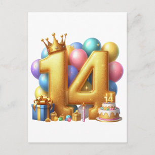 Golden 14th Birthday Postcard