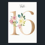 Golden 16 Floral Table Number Card<br><div class="desc">Golden number with soft pastel floral embelishment table number card. Personalize text font style,  size,  and colour.</div>
