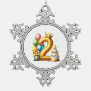 Golden 2nd Birthday Snowflake Pewter Christmas Ornament