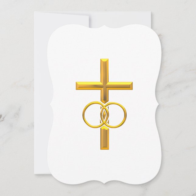 Golden 3-D Cross with Wedding Rings Invitation (Front)