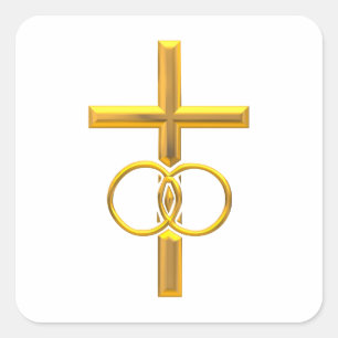 Golden 3-D Cross with Wedding Rings Square Sticker