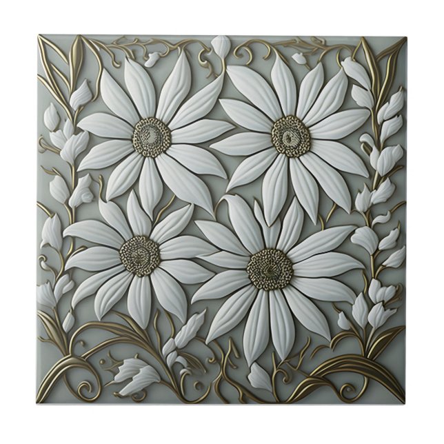 golden 3D Floral Wall Decor  Nouveau Ceramic Tile (Front)