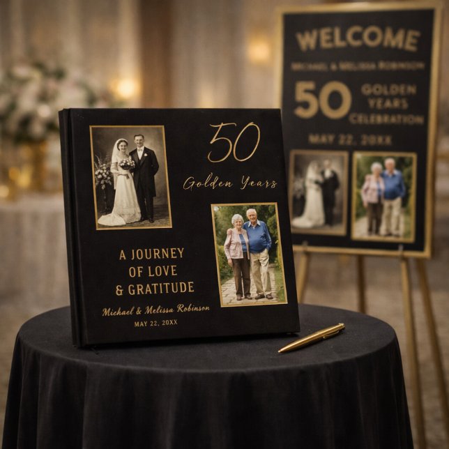 Golden 50th Anniversary Black and Gold Keepsake  Guest Book (Perfect for a 50th anniversary welcome table display)