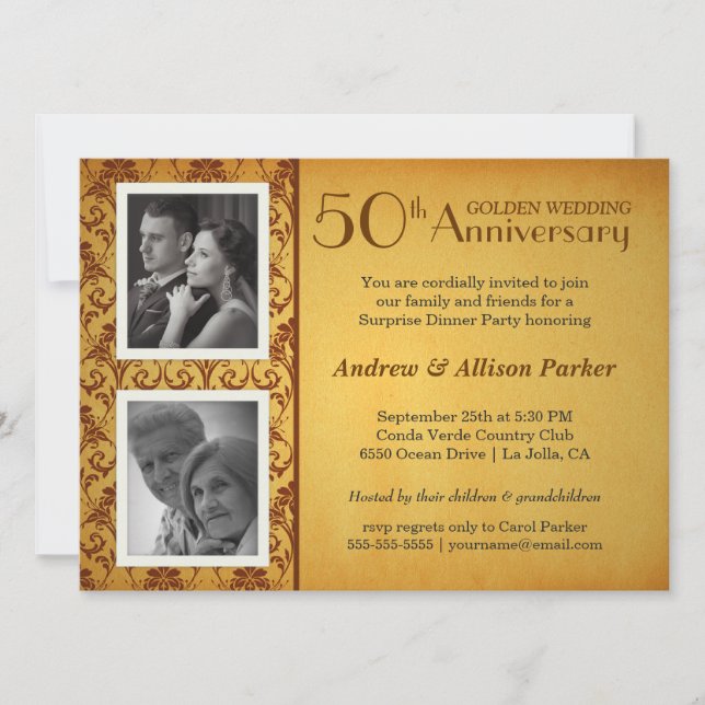 Golden 50th Anniversary Damask 2 Photos Invitation (Front)