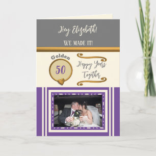 Golden 50th anniversary happy years purple grey card