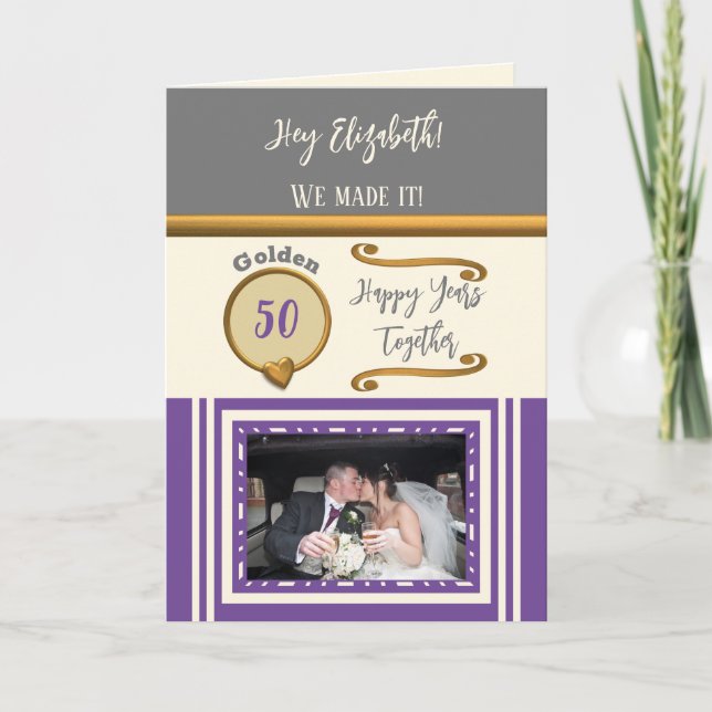 Golden 50th anniversary happy years purple grey card (Front)