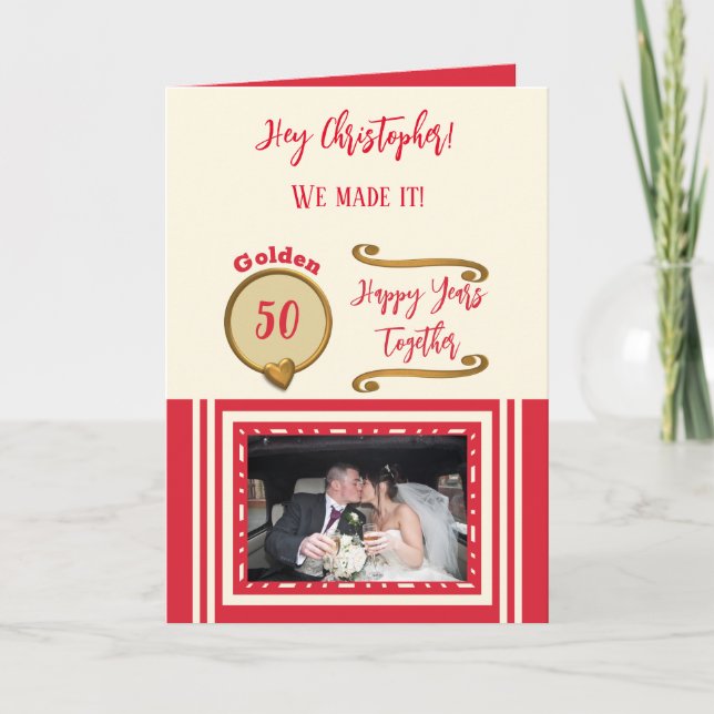 Golden 50th anniversary happy years red cream card (Front)