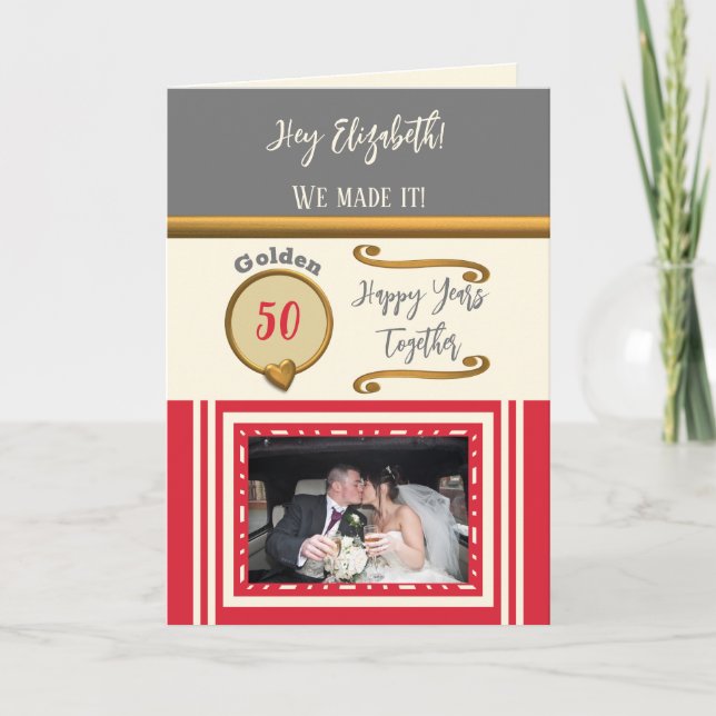 Golden 50th anniversary happy years red grey card (Front)