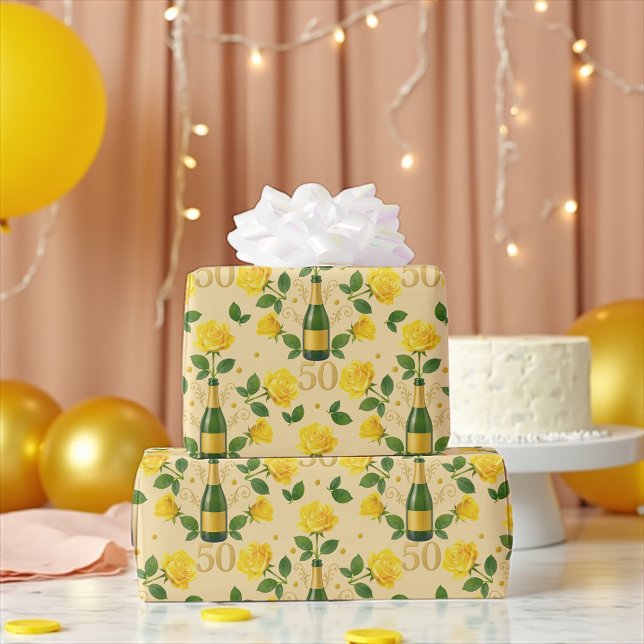 Golden 50th Anniversary Yellow Roses Wrapping Pape Wrapping Paper (Golden 50th anniversary gift wrap with yellow roses and champagne bottle pattern)