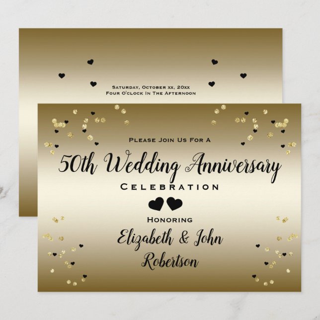 Golden 50th Wedding Anniversary Confetti Elegant Invitation (Front/Back)