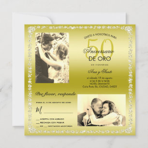 Golden 50th Wedding Anniversary Double Photo Invitation