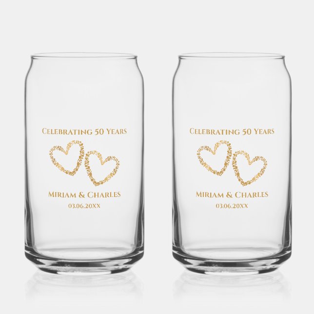 Golden 50th Wedding Anniversary Heart Personalized Can Glass (Front)
