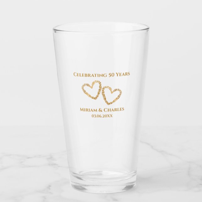 Golden 50th Wedding Anniversary Heart Personalized Glass (Front)