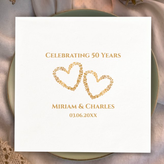 Golden 50th Wedding Anniversary Heart Personalized Napkin (Personalize these golden heart simple modern 50th wedding anniversary napkins. Stylish golden custom)