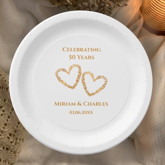 Golden 50th Wedding Anniversary Heart Personalized Paper Plate (Custom name and date golden heart 50th anniversary paper party plates, custom elegant modern.
)