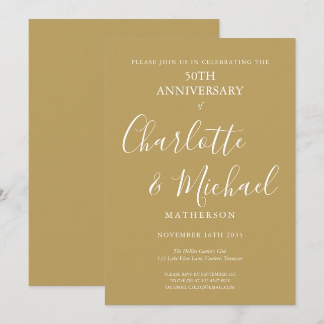 Golden 50th Wedding Anniversary Modern Script Invitation (Front/Back)