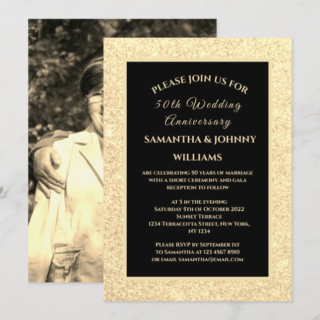 Golden 50th Wedding Anniversary Photo Gold Invitation (Front/Back)