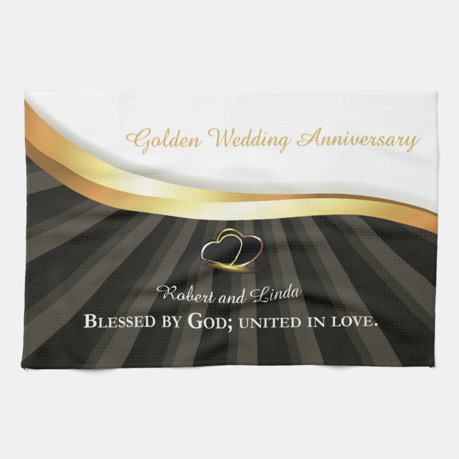 Golden 50th Wedding Religious Anniversary  Kitchen Towel (Horizontal)