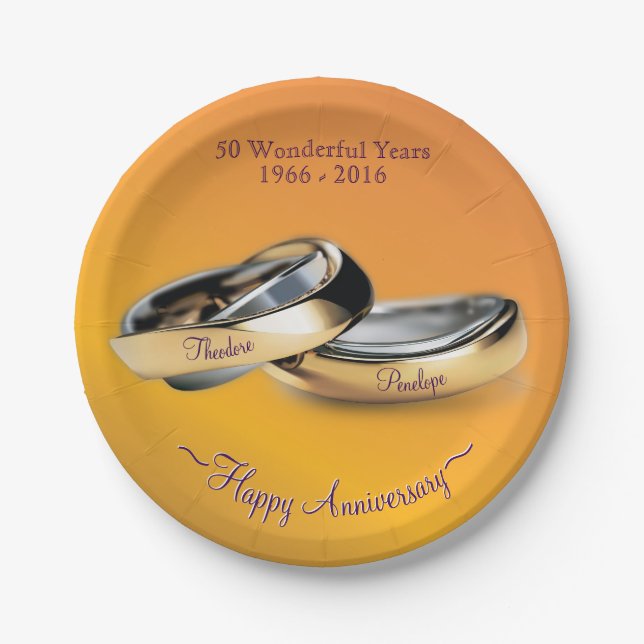 Golden 50th Wedding Rings Anniversary Disposable Paper Plate (Front)
