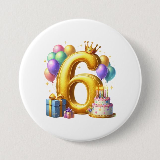 Golden 6th Birthday 3 Inch Round Button (Front)