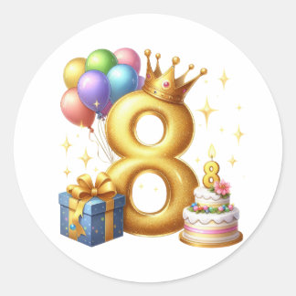 Golden 8th Birthday Classic Round Sticker