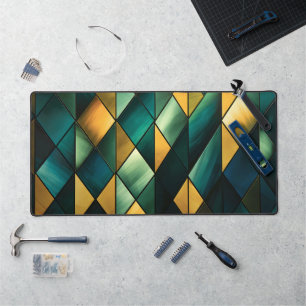 Golden Abstract Green Geometric  Desk Mat