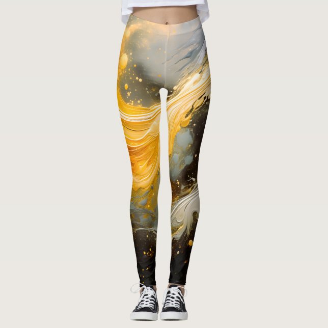Golden Abstract Marble Modern Waves Leggings (Front)