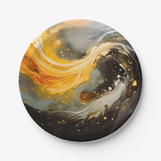 Golden Abstract Marble Modern Waves Paper Plate (Front)