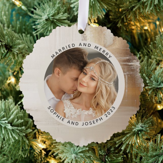 Golden Abstract Married and Merry Christmas Photo Ornament Card (Insitu (Tree))
