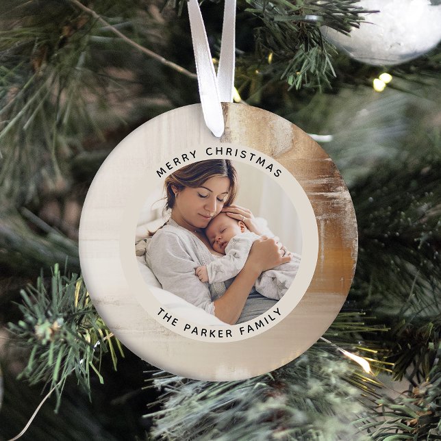 Golden Abstract | Two Family Photos Ornament (An elegant, modern photo ornament for Christmas with a faux gold and neutral abstract pattern)