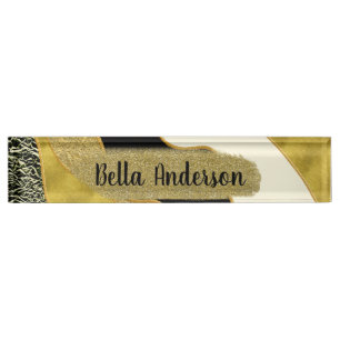 Golden Abstract Wave Modern Gold Glam Trendy Nameplate