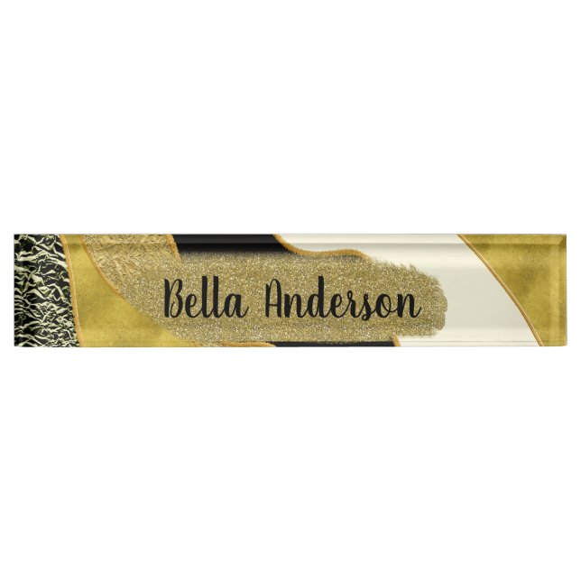 Golden Abstract Wave Modern Gold Glam Trendy Nameplate (Front)