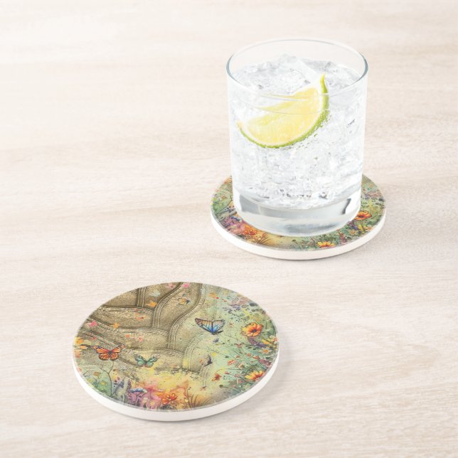 Golden accent butterfly garden custom art coaster (Side)
